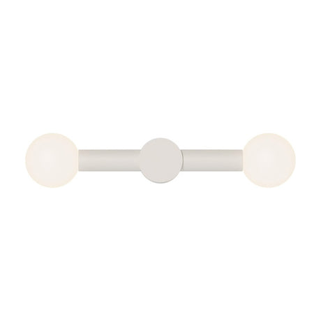 Rigoberta Duo Direct wall light with a matt white iron bar, round centre wall plate, and opal glass globe shades at each end, shown on a plain white background.