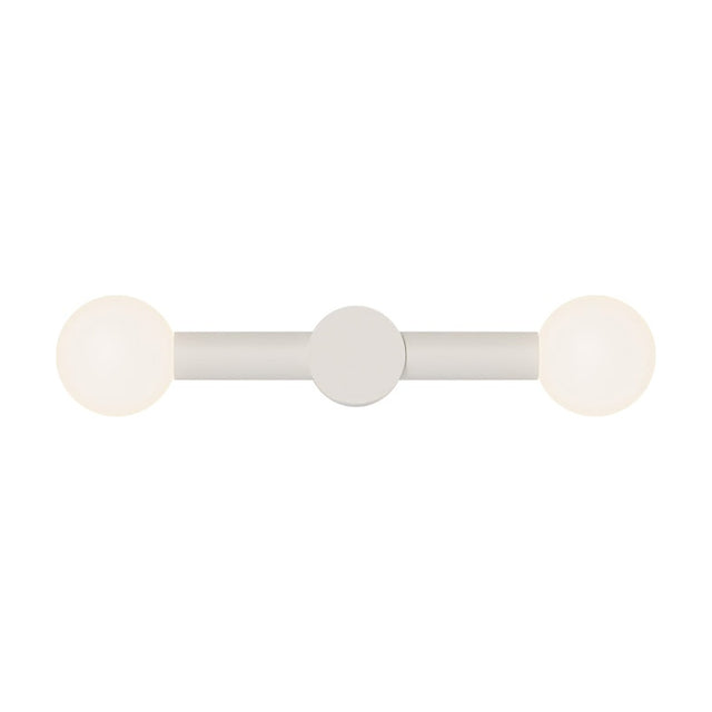 Rigoberta Duo Direct wall light with a matt white iron bar, round centre wall plate, and opal glass globe shades at each end, shown on a plain white background.