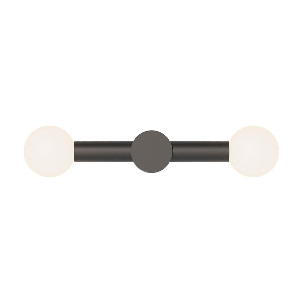 Rigoberta Duo wall light with a straight matt black iron tube, round centre wall plate, and two opal glass globe shades, shown on a plain white background.