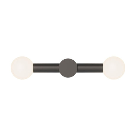 Rigoberta Duo wall light with a straight matt black iron tube, round centre wall plate, and two opal glass globe shades, shown on a plain white background.