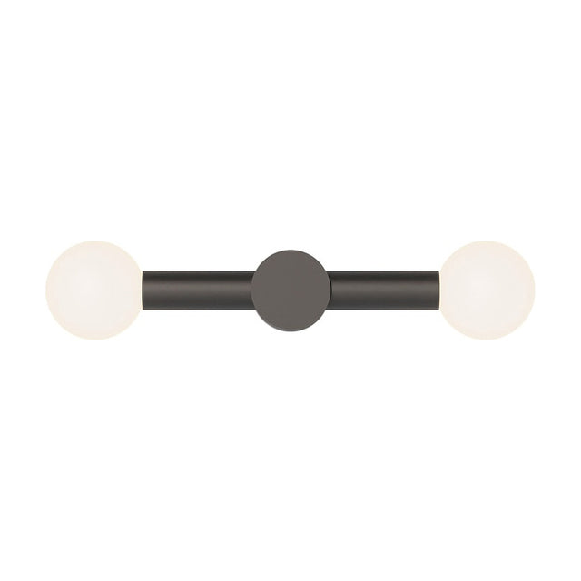 Rigoberta Duo wall light with a straight matt black iron tube, round centre wall plate, and two opal glass globe shades, shown on a plain white background.