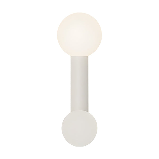 Rigoberta Mono wall light in matt white, featuring a single opal glass globe atop a slim iron tube on a round wall plate, shown on a plain white background.