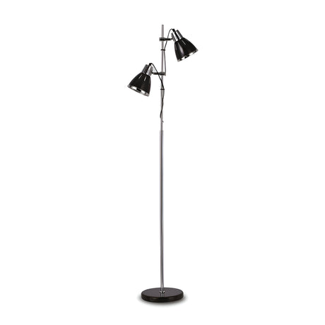 Introducing the Astral Floor Lamp - Black, a contemporary adjustable floor lamp with a sleek design. It features two adjustable black lamp heads and boasts a shiny silver metal stand and base, making it perfect for industrial-style decor.