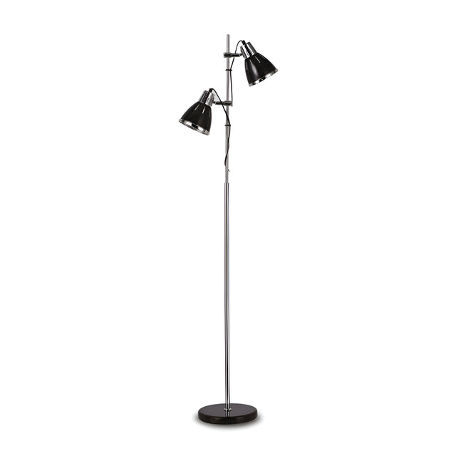 Introducing the Astral Floor Lamp - Black, a contemporary adjustable floor lamp with a sleek design. It features two adjustable black lamp heads and boasts a shiny silver metal stand and base, making it perfect for industrial-style decor.