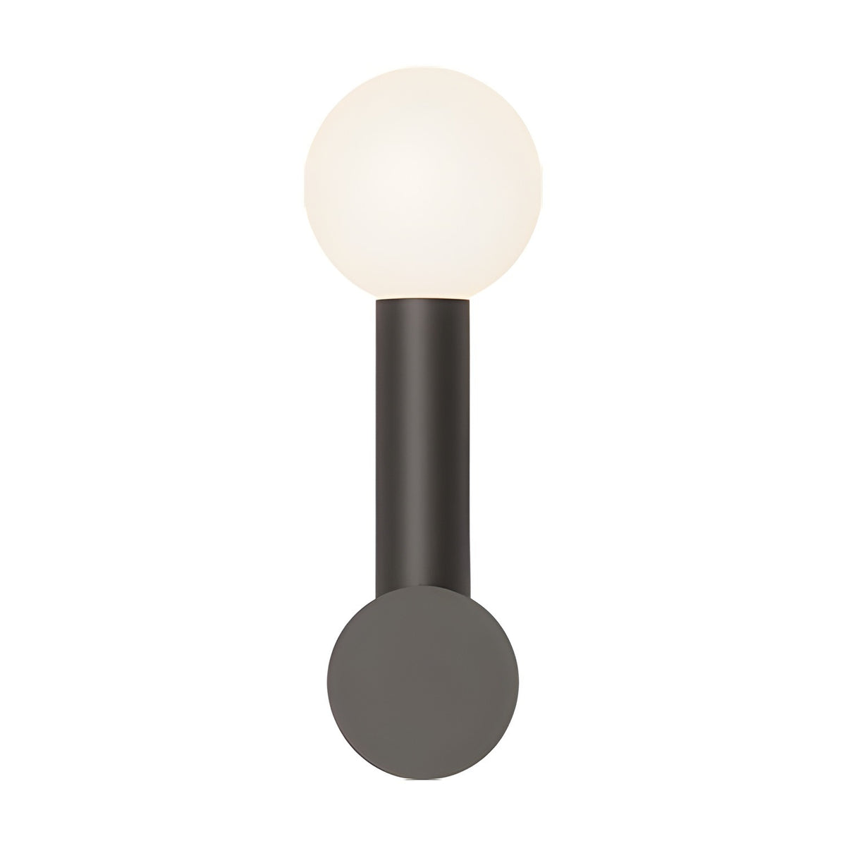 Rigoberta Mono wall light with a single opal glass globe atop a slim matt black iron tube, mounted on a round wall canopy against a plain white background.