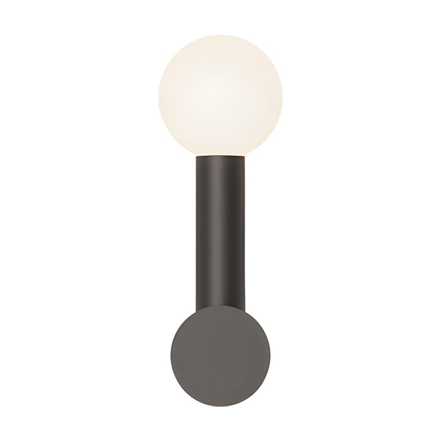 Rigoberta Mono wall light with a single opal glass globe atop a slim matt black iron tube, mounted on a round wall canopy against a plain white background.
