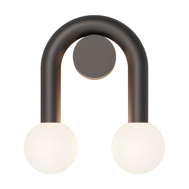 Rigoberta Super Curved Direct wall light in matt black iron, inverted U-shaped tube with round wall plate and two opal glass globes, shown on a plain white background.