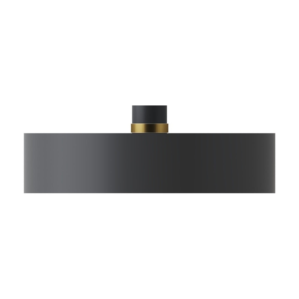 Renata Flat Drum Pendant Light in matt black aluminium, a wide shallow drum shade with cable entry collar accented by a slim gold-toned ring, shown on a plain white background.