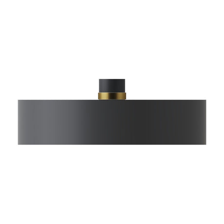 Renata Flat Drum Pendant Light in matt black aluminium, a wide shallow drum shade with cable entry collar accented by a slim gold-toned ring, shown on a plain white background.