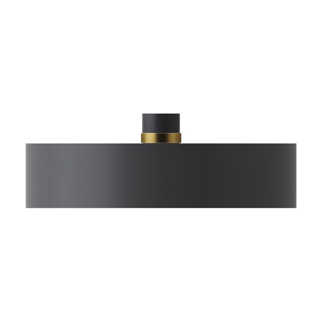 Renata Flat Drum Pendant Light in matt black aluminium, a wide shallow drum shade with cable entry collar accented by a slim gold-toned ring, shown on a plain white background.