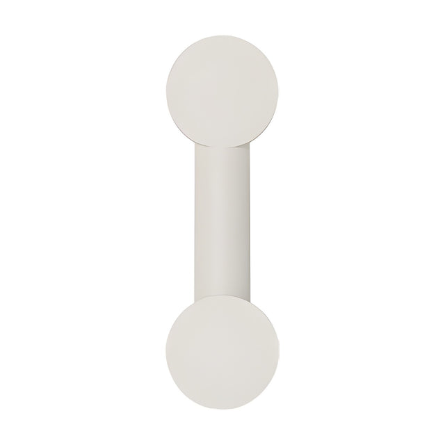 Rigoberta Mono wall light in matt white, featuring a slim iron bar with two round opal glass discs at each end, shown on a plain white background.