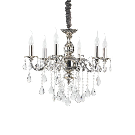 The Aetherial 6 Crystal Light Chandelier - Grey showcases antique silver elegance with six candle-shaped bulbs and teardrop crystal ornaments, all exquisitely suspended against a plain white background.