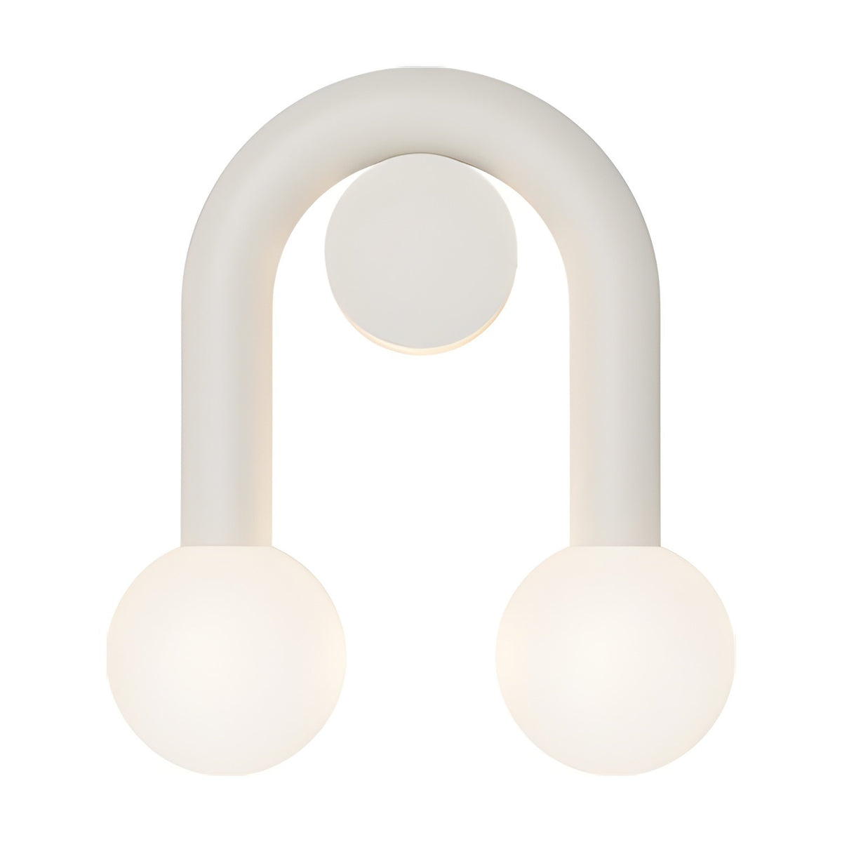 Rigoberta Super Curved Direct Opal Globe Wall Light in matt white, with an arched iron tube over a round wall plate and two opal glass globes, shown on a plain white background.