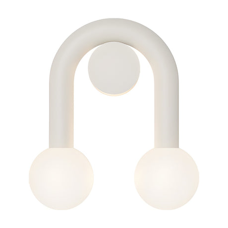 Rigoberta Super Curved Direct Opal Globe Wall Light in matt white, with an arched iron tube over a round wall plate and two opal glass globes, shown on a plain white background.
