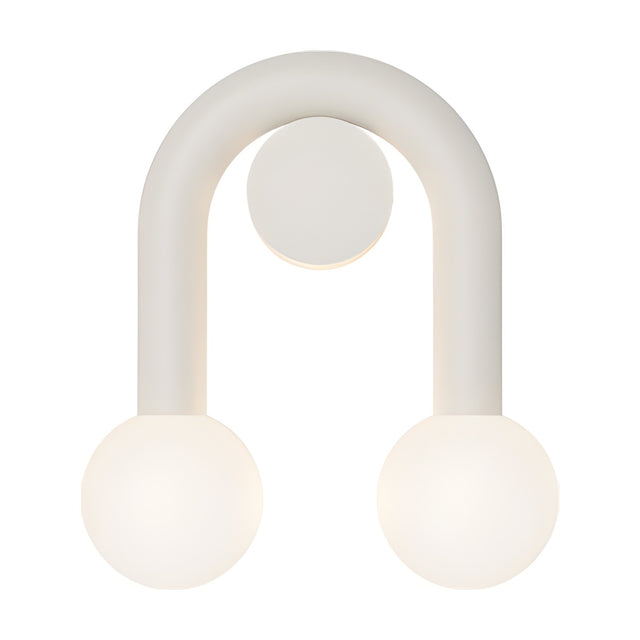 Rigoberta Super Curved Direct Opal Globe Wall Light in matt white, with an arched iron tube over a round wall plate and two opal glass globes, shown on a plain white background.
