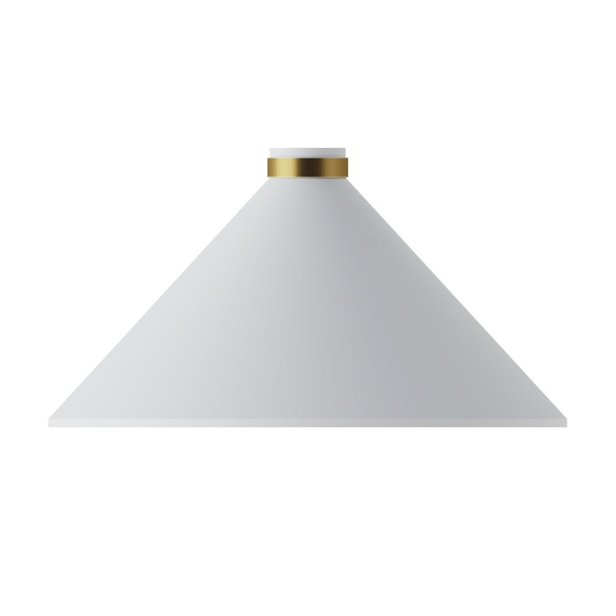 Renata Cone Pendant Light in matt white aluminium with a wide conical shade and slim brass-toned band at the stem, shown on a plain white background.
