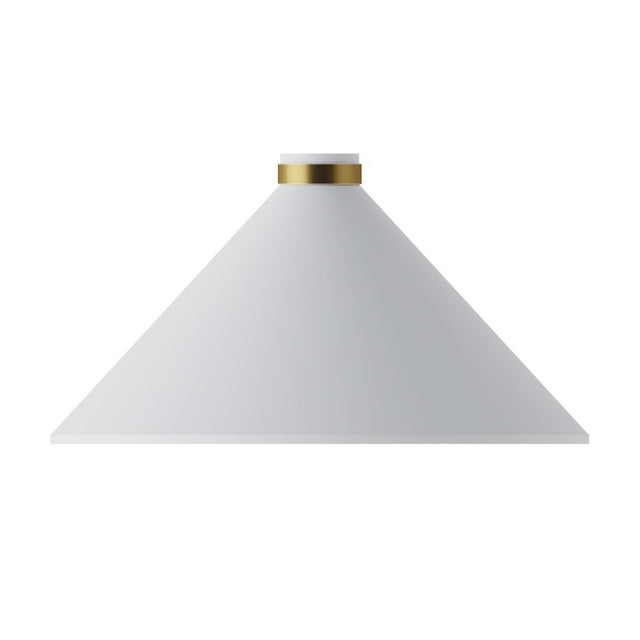 Renata Cone Pendant Light in matt white aluminium with a wide conical shade and slim brass-toned band at the stem, shown on a plain white background.