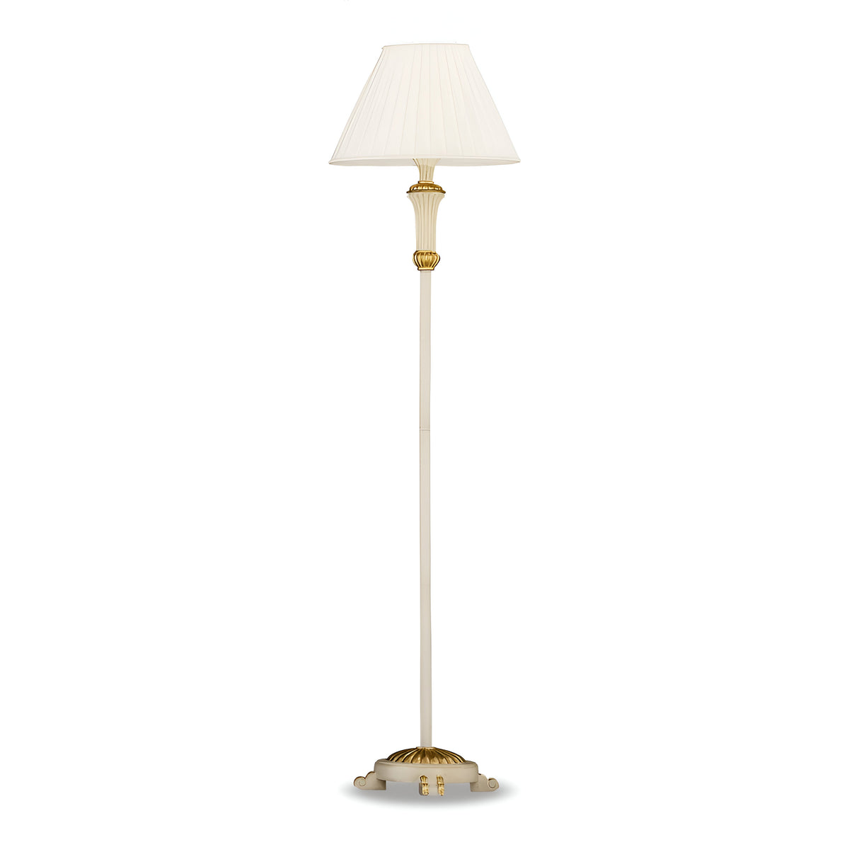 The Firenze Floor Lamp - White is a stylish and tall fixture, showcasing a pleated white lampshade perched on a slender white and gold stem. Its ornate base adorned with decorative gold accents merges modern utility with soft ambient lighting, presenting itself elegantly against a white background.