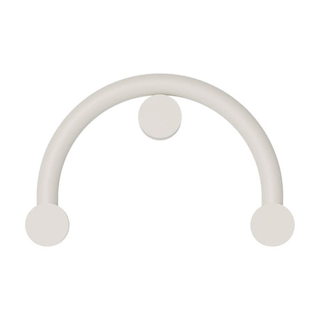 Rigoberta curved wall light in matt white iron, a smooth arch with round discs at each end and centre, opal glass for indirect glow, shown on a plain white background.