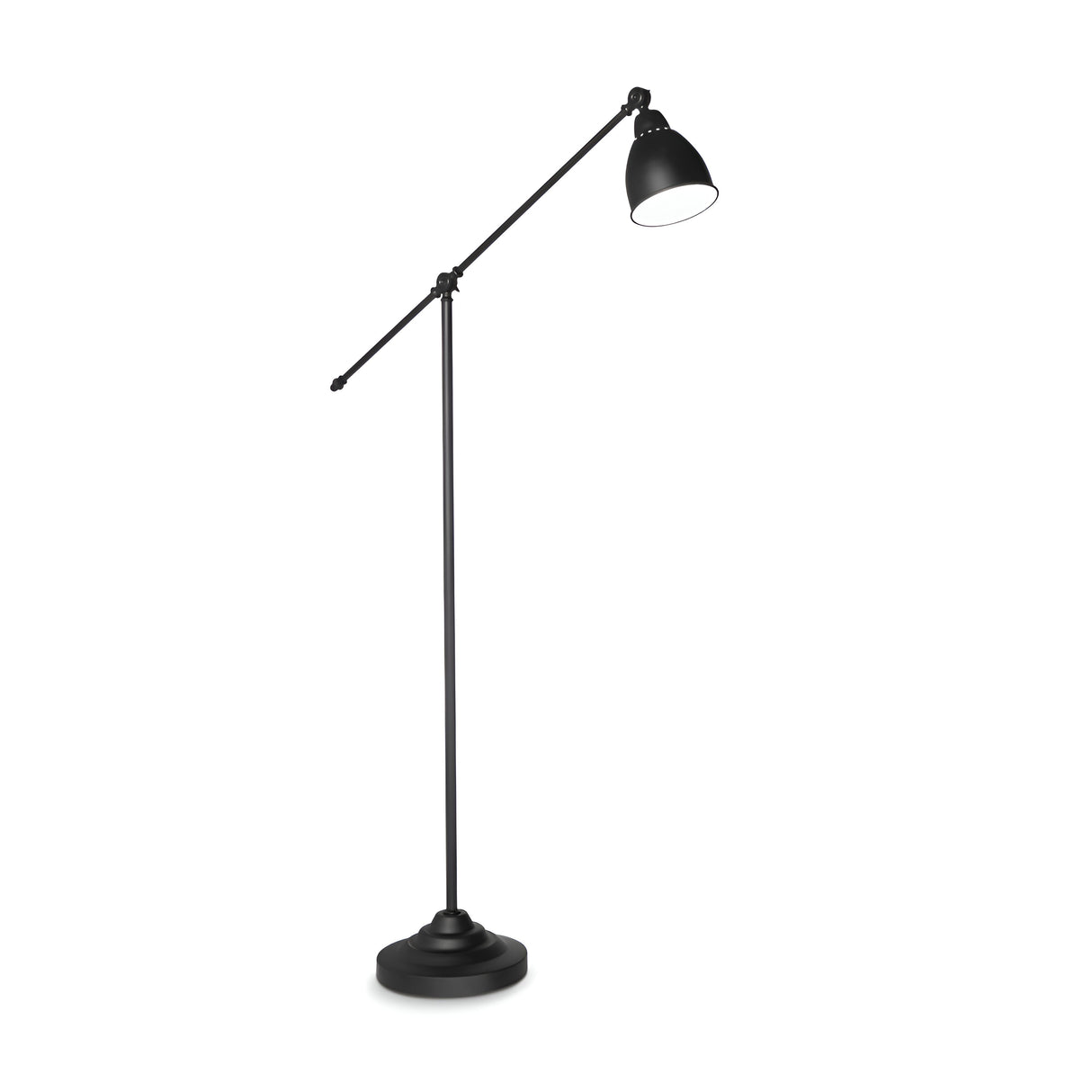 The Simply Floor Lamp - Black showcases minimalist lighting with its round base, slender pole, and adjustable arm supporting a dome-shaped lamp head, all against a white background.