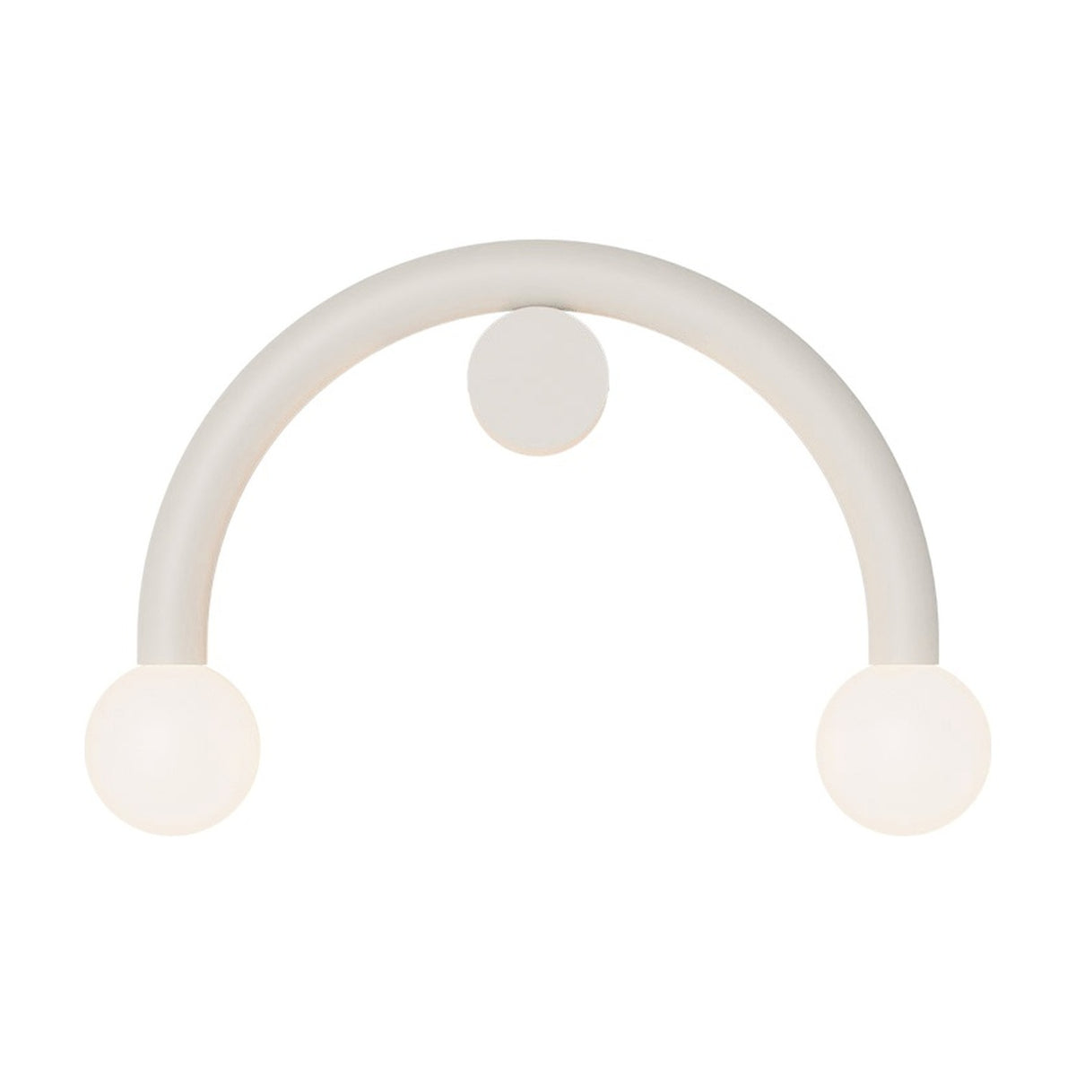 Rigoberta Curved Direct 2 Light Opal Wall Light in matt white iron, a smooth arched arm with an opal glass globe at each end, mounted via a small round wall plate, shown on a plain white background.