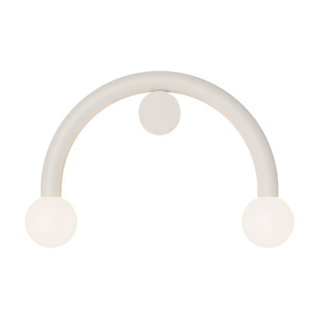 Rigoberta Curved Direct 2 Light Opal Wall Light in matt white iron, a smooth arched arm with an opal glass globe at each end, mounted via a small round wall plate, shown on a plain white background.