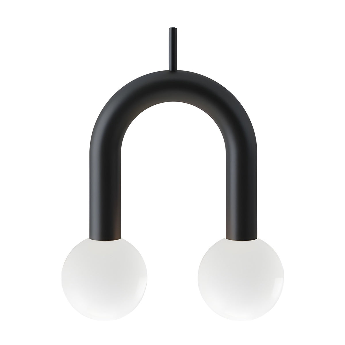 Rigoberta Super Curved 2 Light Opal Globe Pendant in matt black iron, a tall U-shaped arch with twin opal glass globes, shown on a plain white background.
