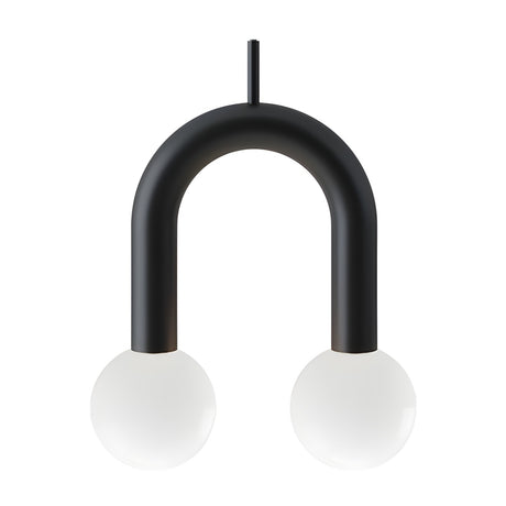 Rigoberta Super Curved 2 Light Opal Globe Pendant in matt black iron, a tall U-shaped arch with twin opal glass globes, shown on a plain white background.