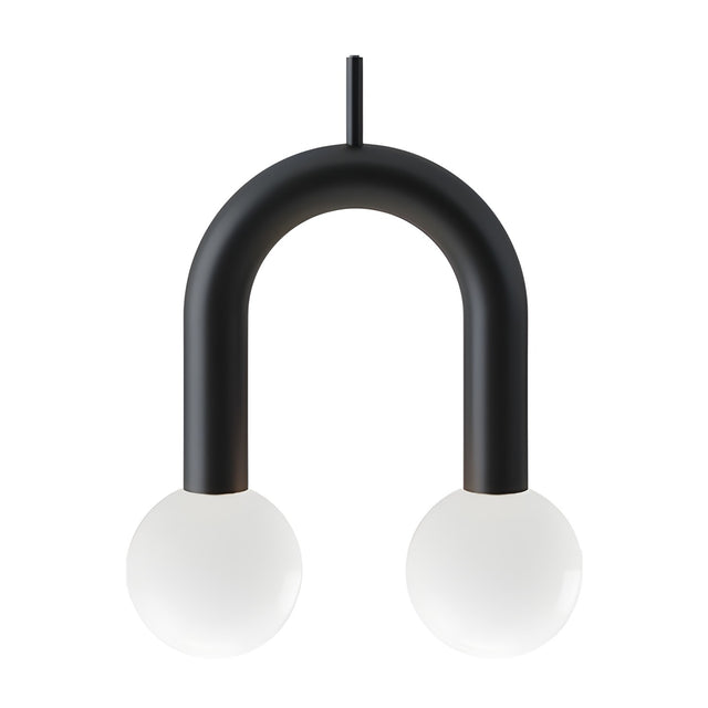 Rigoberta Super Curved 2 Light Opal Globe Pendant in matt black iron, a tall U-shaped arch with twin opal glass globes, shown on a plain white background.