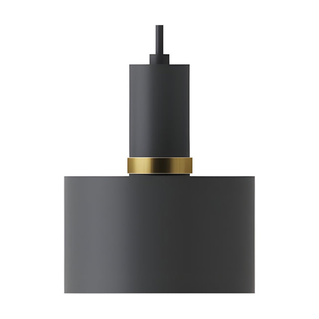 Renata Mini Drum Pendant Light in matt black aluminium, featuring a compact drum shade, slim cylindrical neck, and gold-toned ring accent, shown on a plain white background.