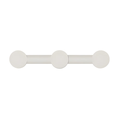 Rigoberta Duo linear wall light in matt white, a straight iron bar with three round opal glass discs for soft indirect lighting, shown on a plain white background.