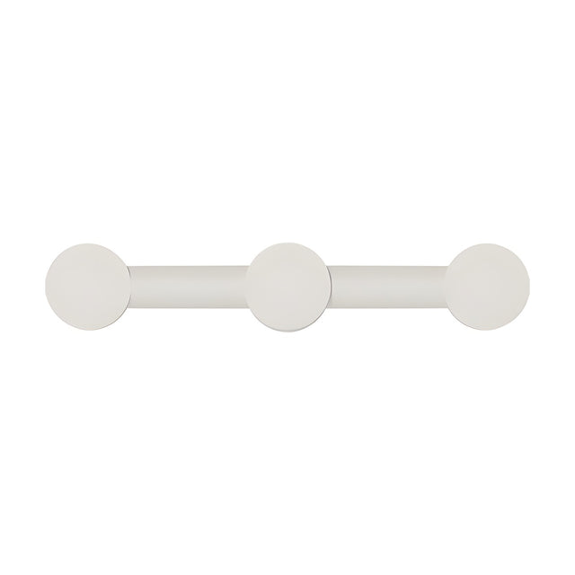 Rigoberta Duo linear wall light in matt white, a straight iron bar with three round opal glass discs for soft indirect lighting, shown on a plain white background.