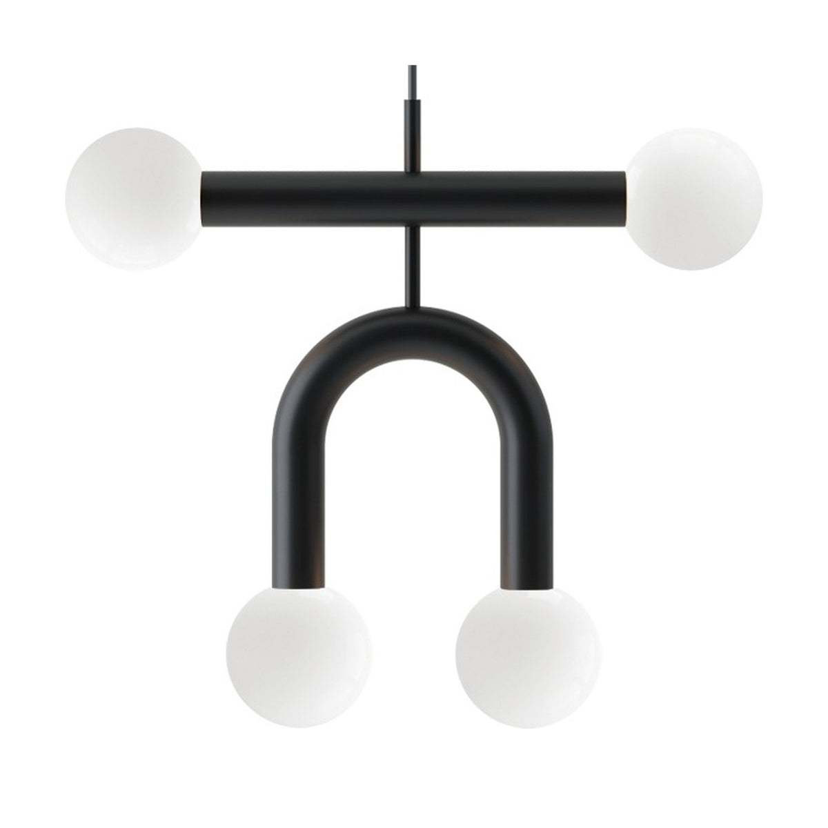 Rigoberta Duo Super Curved pendant light in matt black iron with a straight bar and curved arch, each holding two opal glass globes, on a white background.