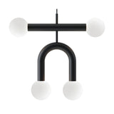Rigoberta Duo Super Curved pendant light in matt black iron with a straight bar and curved arch, each holding two opal glass globes, on a white background.