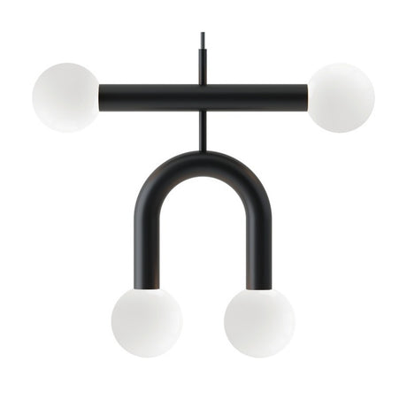 Rigoberta Duo Super Curved pendant light in matt black iron with a straight bar and curved arch, each holding two opal glass globes, on a white background.
