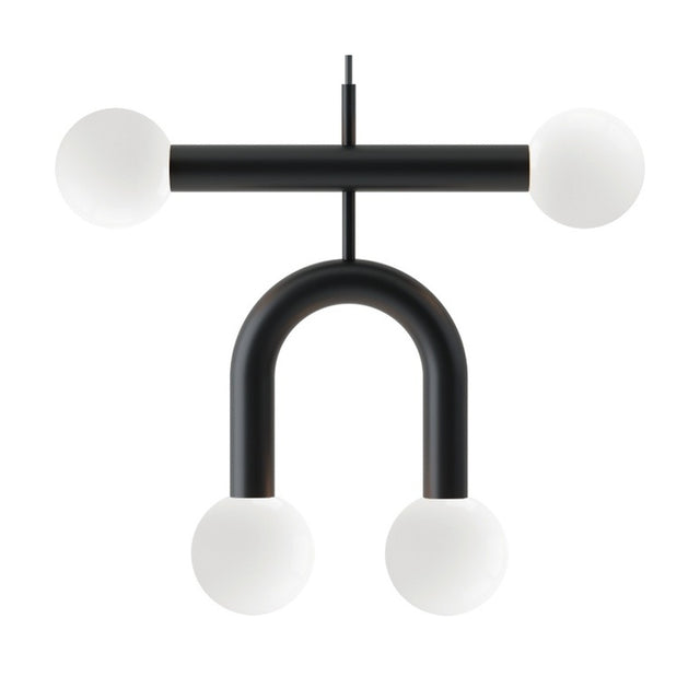 Rigoberta Duo Super Curved pendant light in matt black iron with a straight bar and curved arch, each holding two opal glass globes, on a white background.