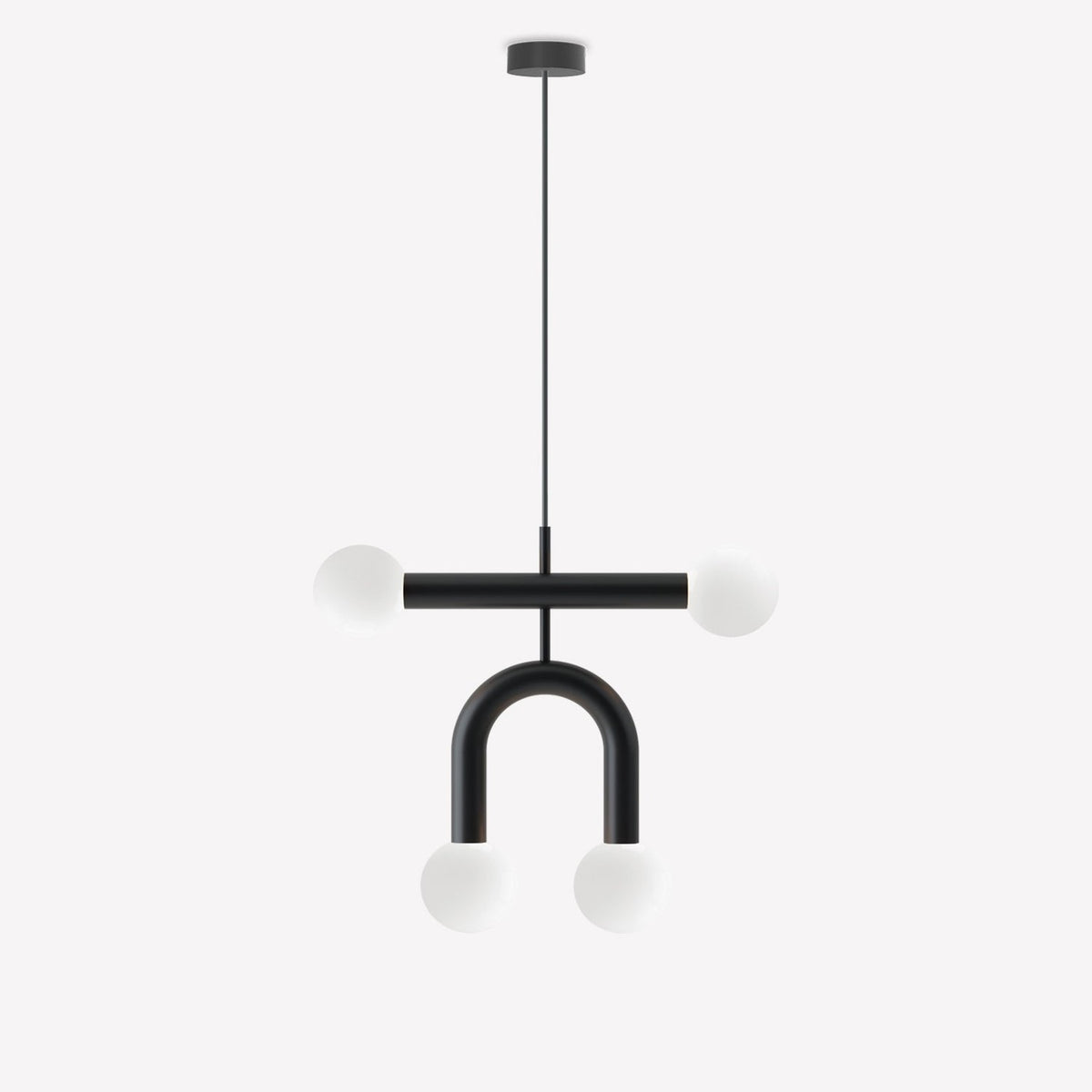 Rigoberta Duo Super Curved pendant light in matt black iron with four opal glass globes on a horizontal bar and curved arch, shown on a plain white background.
