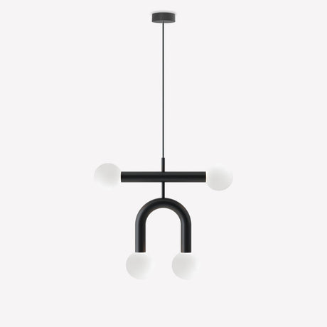Rigoberta Duo Super Curved pendant light in matt black iron with four opal glass globes on a horizontal bar and curved arch, shown on a plain white background.