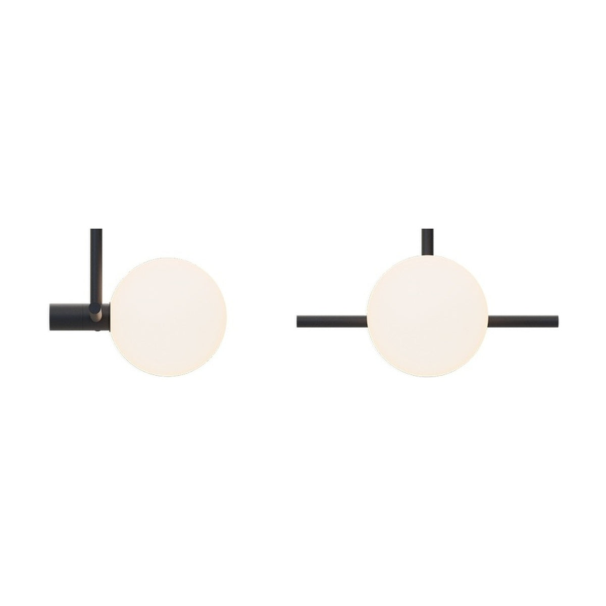 Roxanne East Opal Glass Globe Pendant Light in matt black, showing two angles with a round opal glass globe offset on a slim iron stem and bar, on a white background.