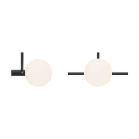 Roxanne East Opal Glass Globe Pendant Light in matt black, showing two angles with a round opal glass globe offset on a slim iron stem and bar, on a white background.