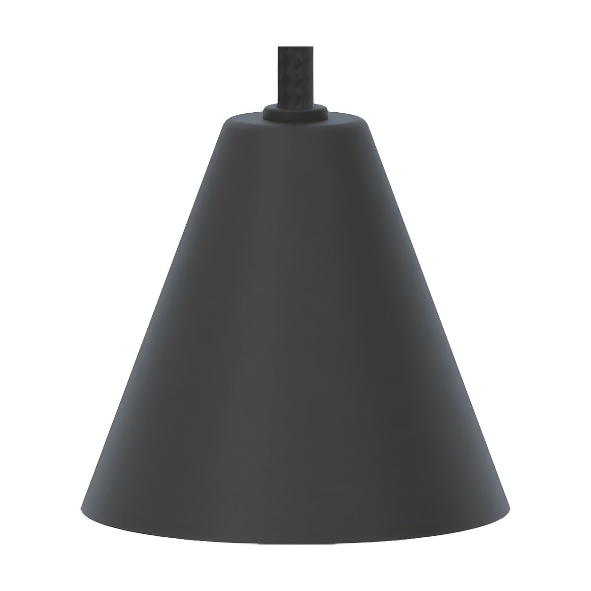 Rimini LED Cone Pendant Light in matt black, a small conical metal shade on a black textile cable, shown on a plain white background.