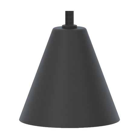 Rimini LED Cone Pendant Light in matt black, a small conical metal shade on a black textile cable, shown on a plain white background.