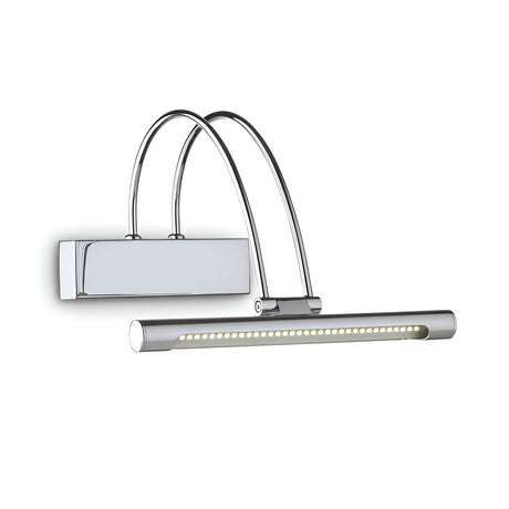 The Felix LED Picture Light 2.5W 3000K in silver features a sleek, modern design with a wall-mounted cylindrical bar containing energy-efficient LED bulbs, supported by two curved arms attached to a rectangular base; it spans 26cm.