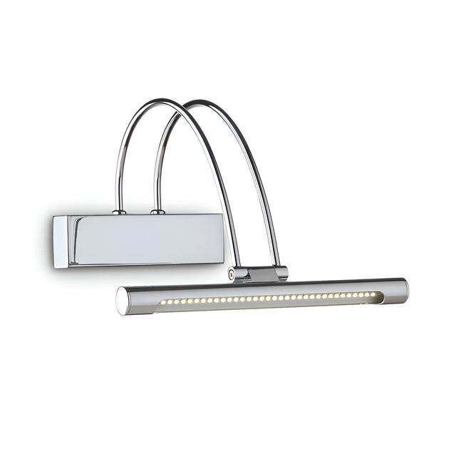 The Felix LED Picture Light 2.5W 3000K in silver features a sleek, modern design with a wall-mounted cylindrical bar containing energy-efficient LED bulbs, supported by two curved arms attached to a rectangular base; it spans 26cm.