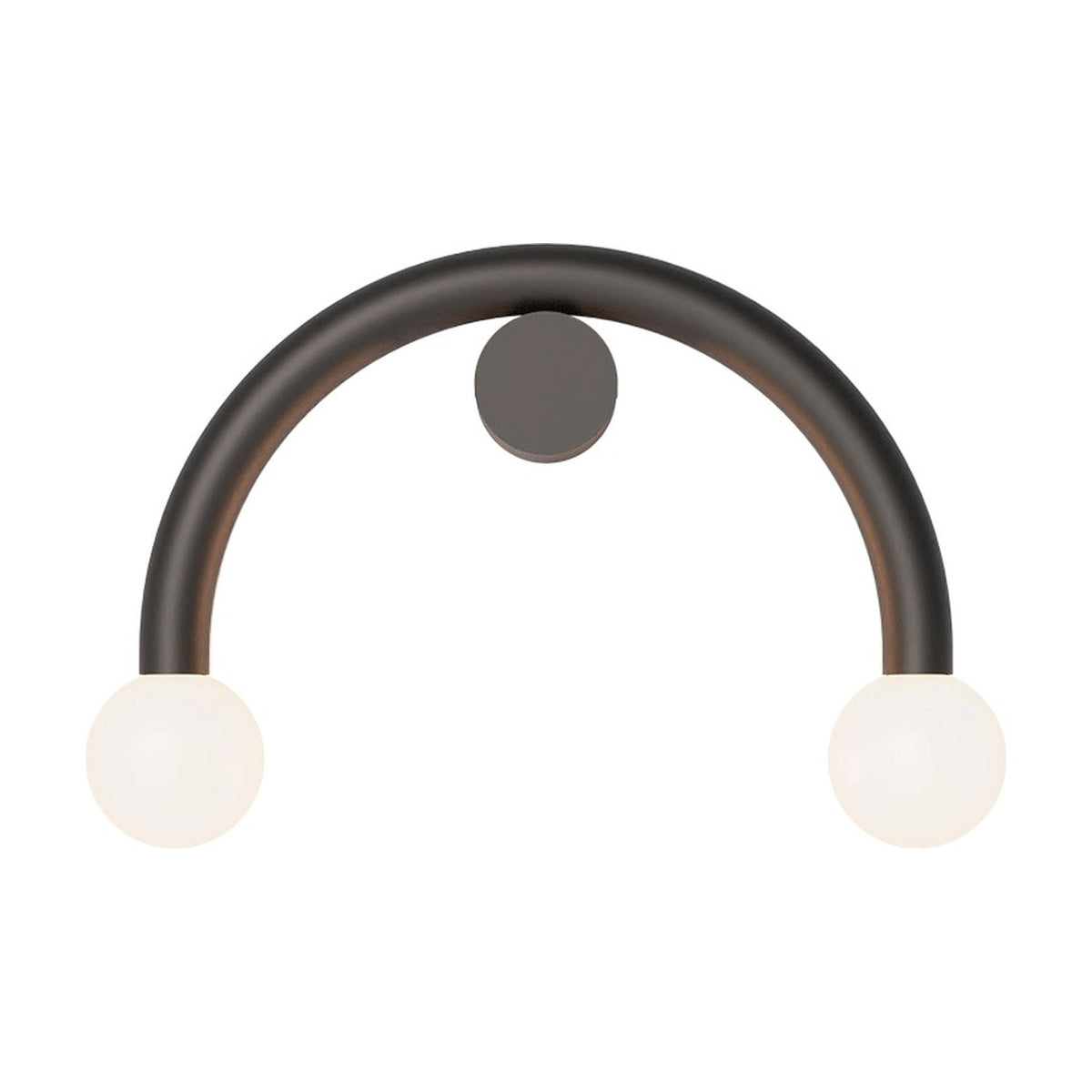 Rigoberta Curved Direct 2 Light wall light in matt black iron, a half-circle arch with an opal glass globe at each end and a round wall-mount canopy, shown on a plain white background.