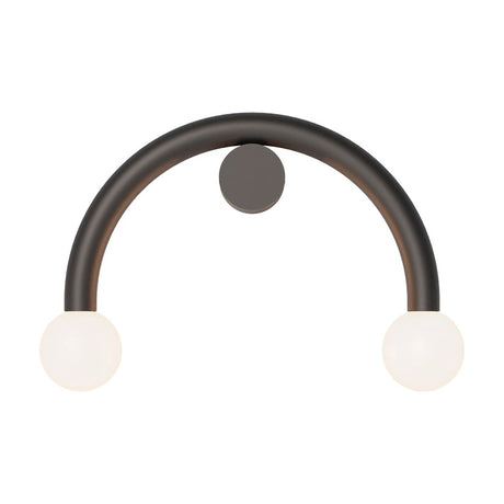 Rigoberta Curved Direct 2 Light wall light in matt black iron, a half-circle arch with an opal glass globe at each end and a round wall-mount canopy, shown on a plain white background.