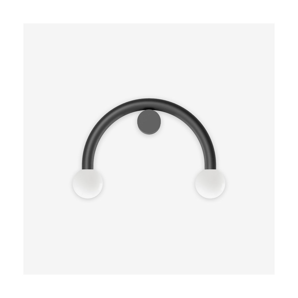 Rigoberta Curved Direct 2 Light Wall Light in matt black, a half-circle arched iron tube with two opal glass globes and a round wall canopy, shown on a plain white background.