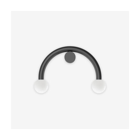 Rigoberta Curved Direct 2 Light Wall Light in matt black, a half-circle arched iron tube with two opal glass globes and a round wall canopy, shown on a plain white background.