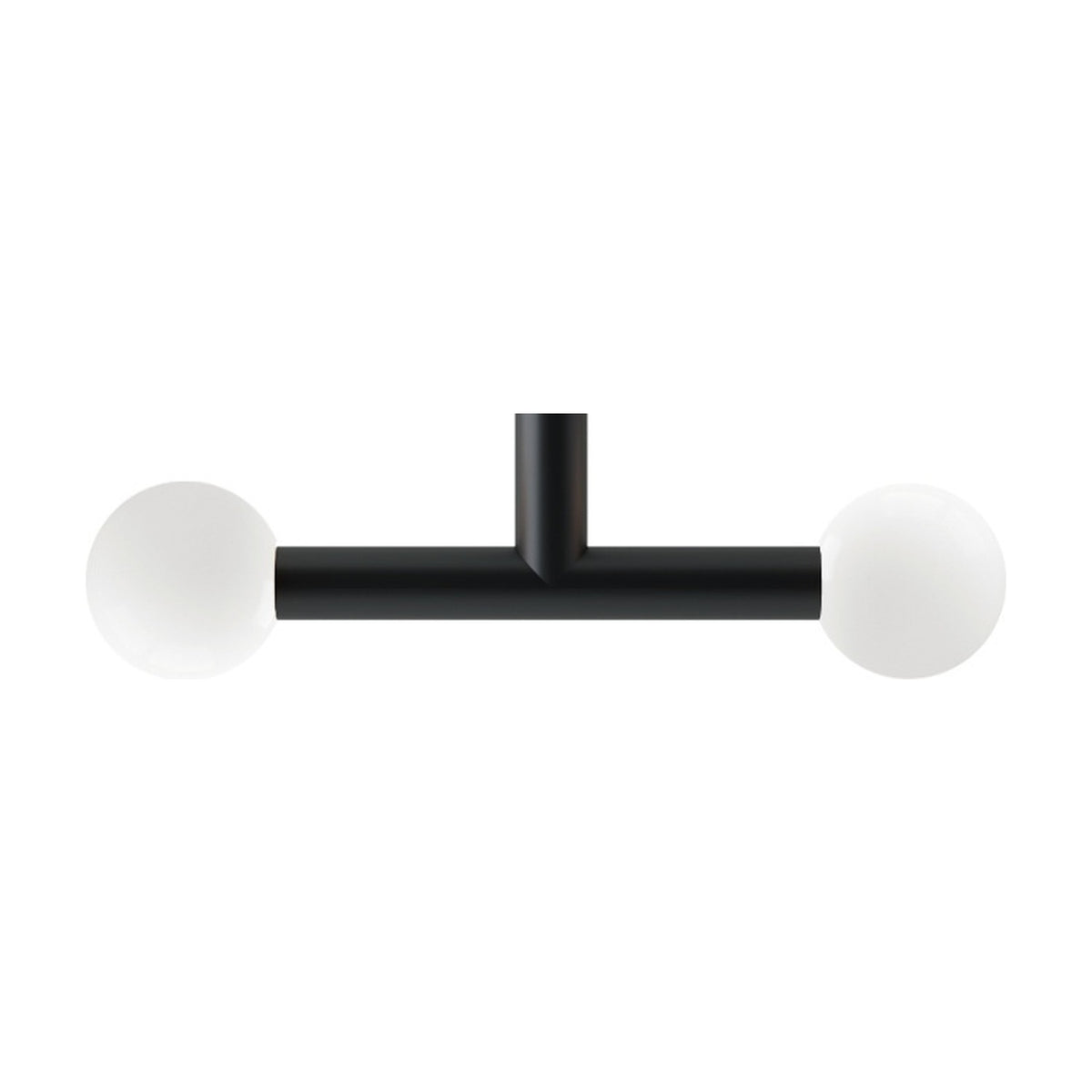 Rigoberta Trio Opal Glass Globe Pendant Light in matt black, T-shaped iron bar with two white opal glass globes, shown on a plain white background.