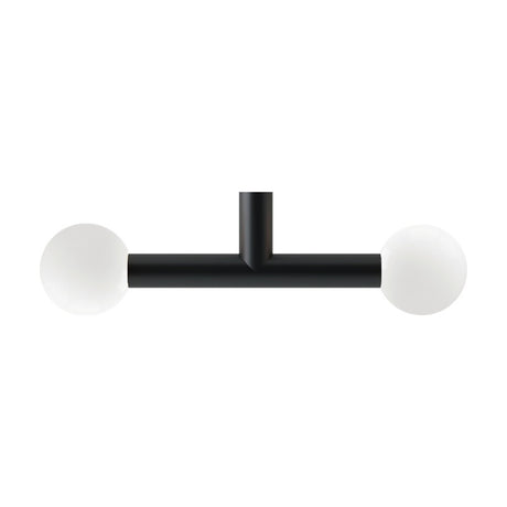 Rigoberta Trio Opal Glass Globe Pendant Light in matt black, T-shaped iron bar with two white opal glass globes, shown on a plain white background.
